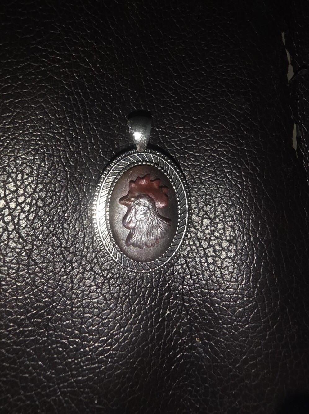 Resin Rooster Pendant On Silver Tone Bezel Frame.